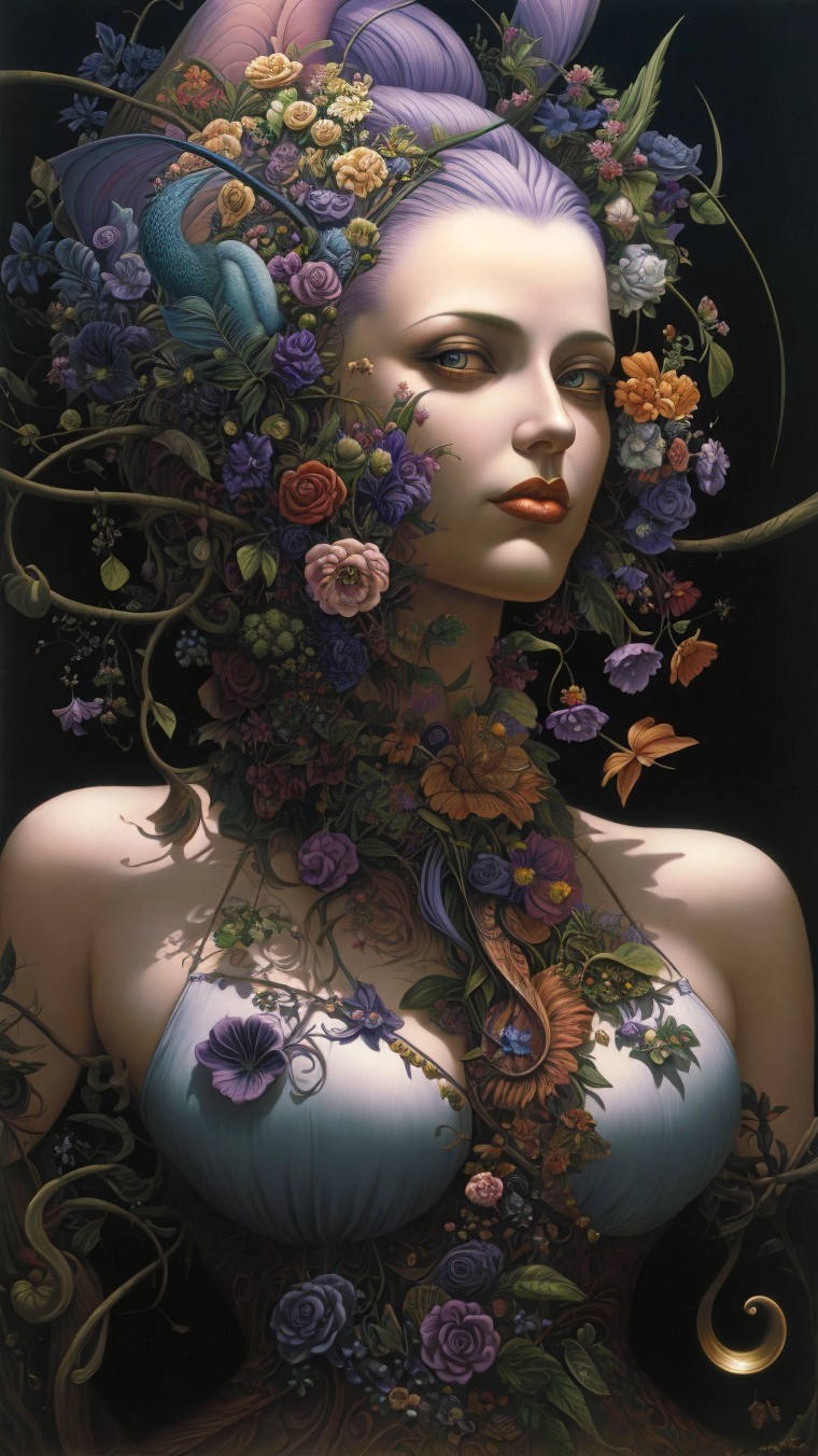 Woman Surrounded by Flowers and Foliage in Harmony