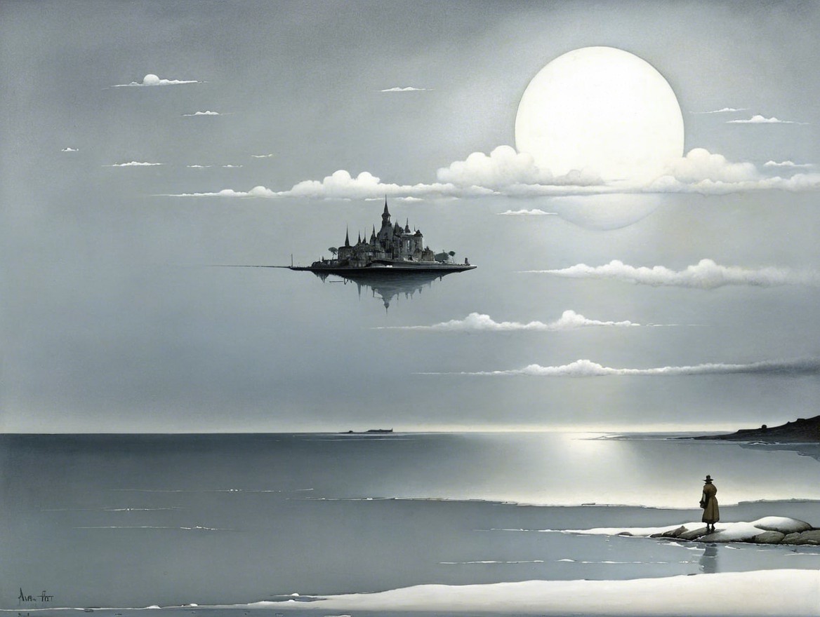 Serene Landscape with Ocean and Floating Castle