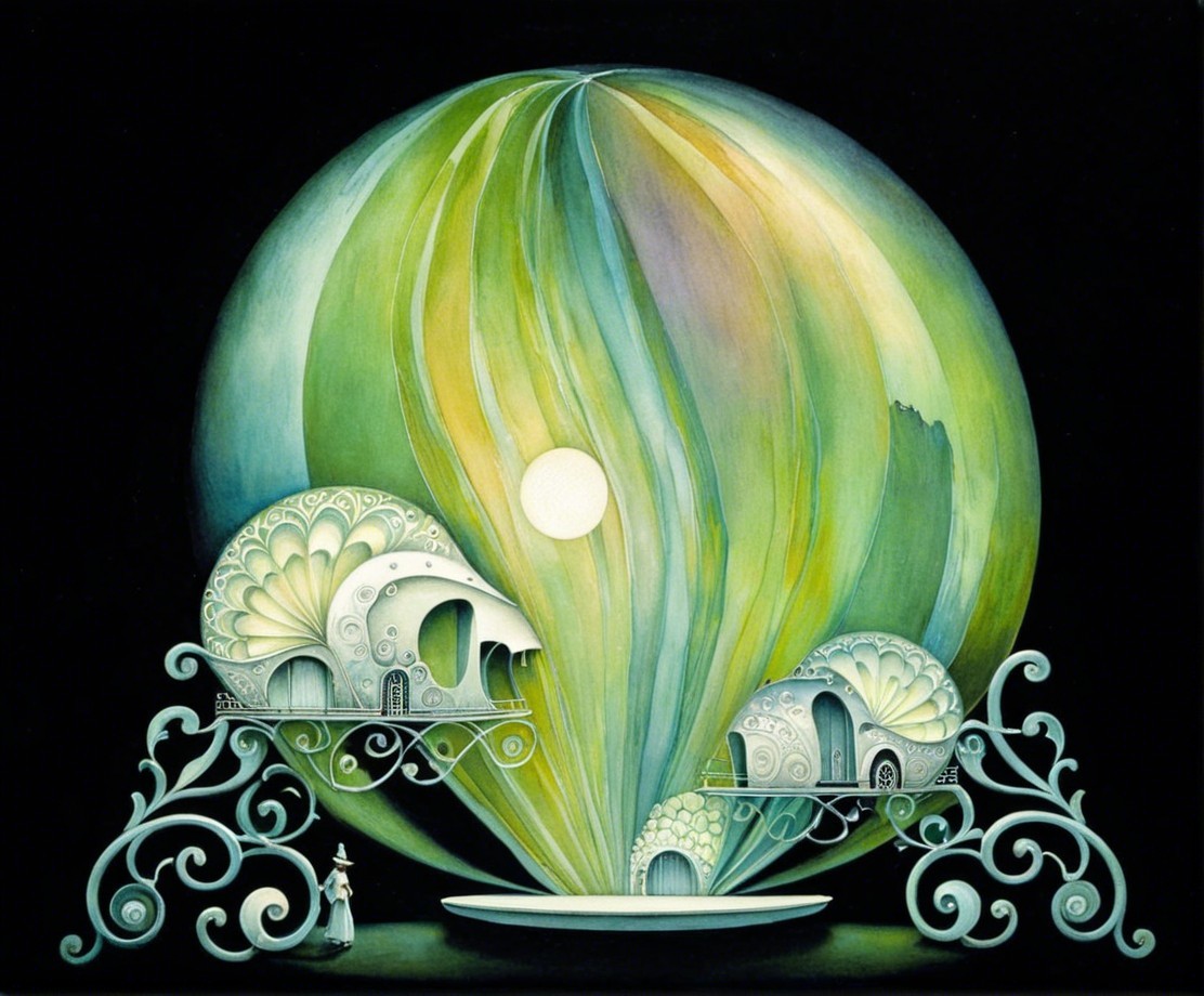 Surreal Landscape with Abstract Green Orb and Shells