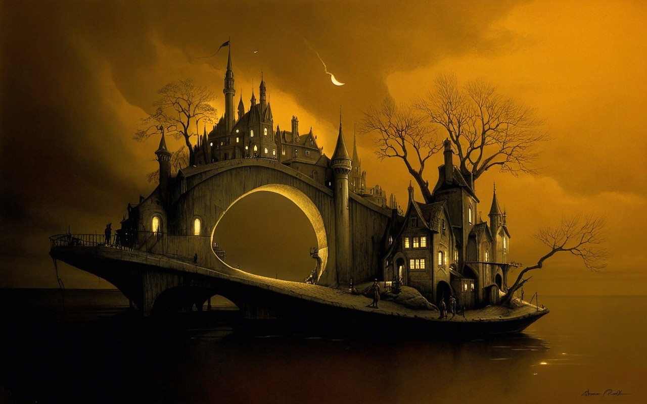 Surreal Castle Landscape Over Dark Waters with Ghosts