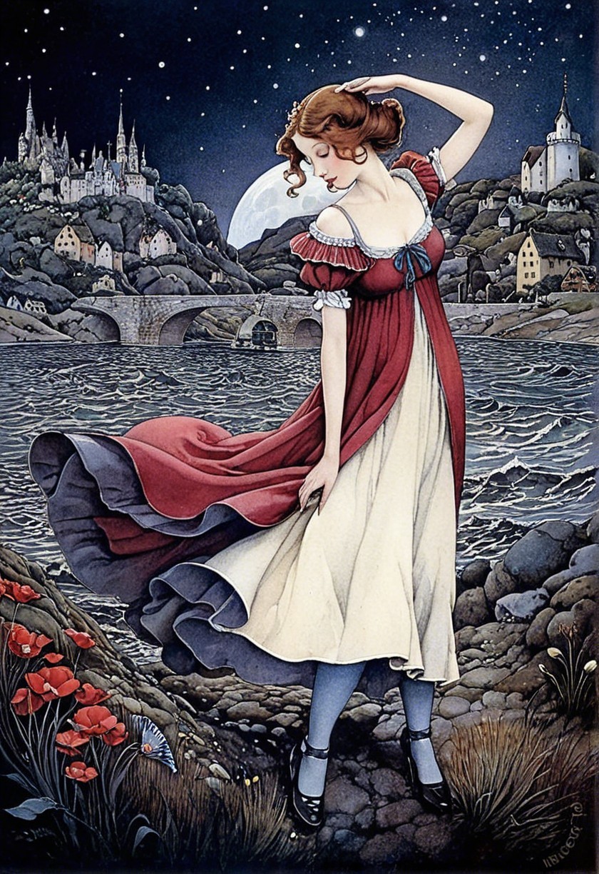 Young woman in red dress by serene river with castles