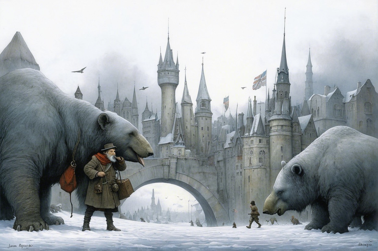 Whimsical Scene of Polar Bears and Enchanted Castle
