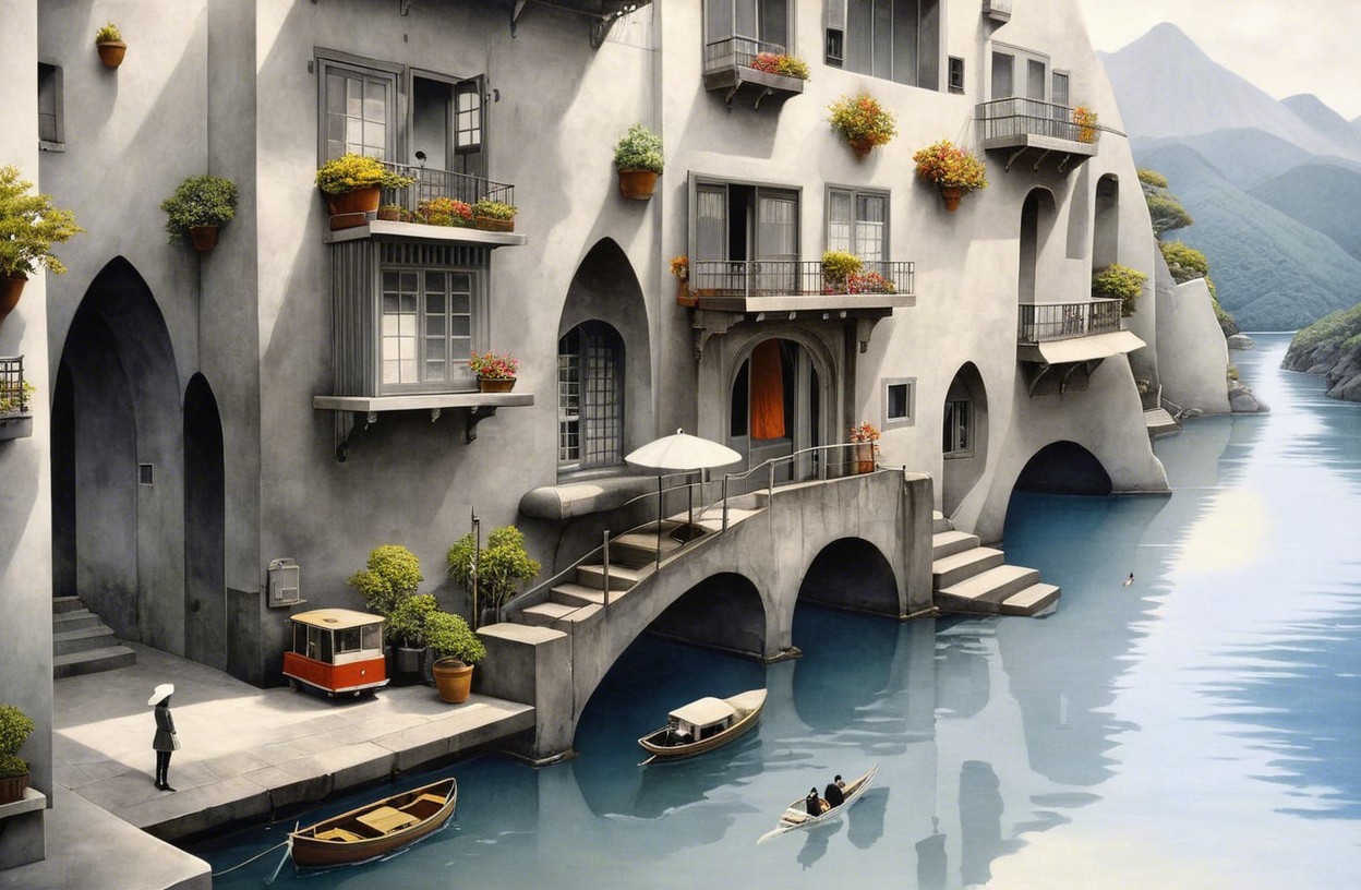 Serene Waterfront Scene with Unique Architecture