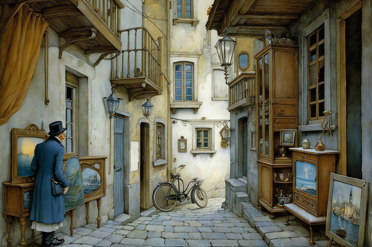 Charming Cobblestone Alley with Art and Vintage Decor