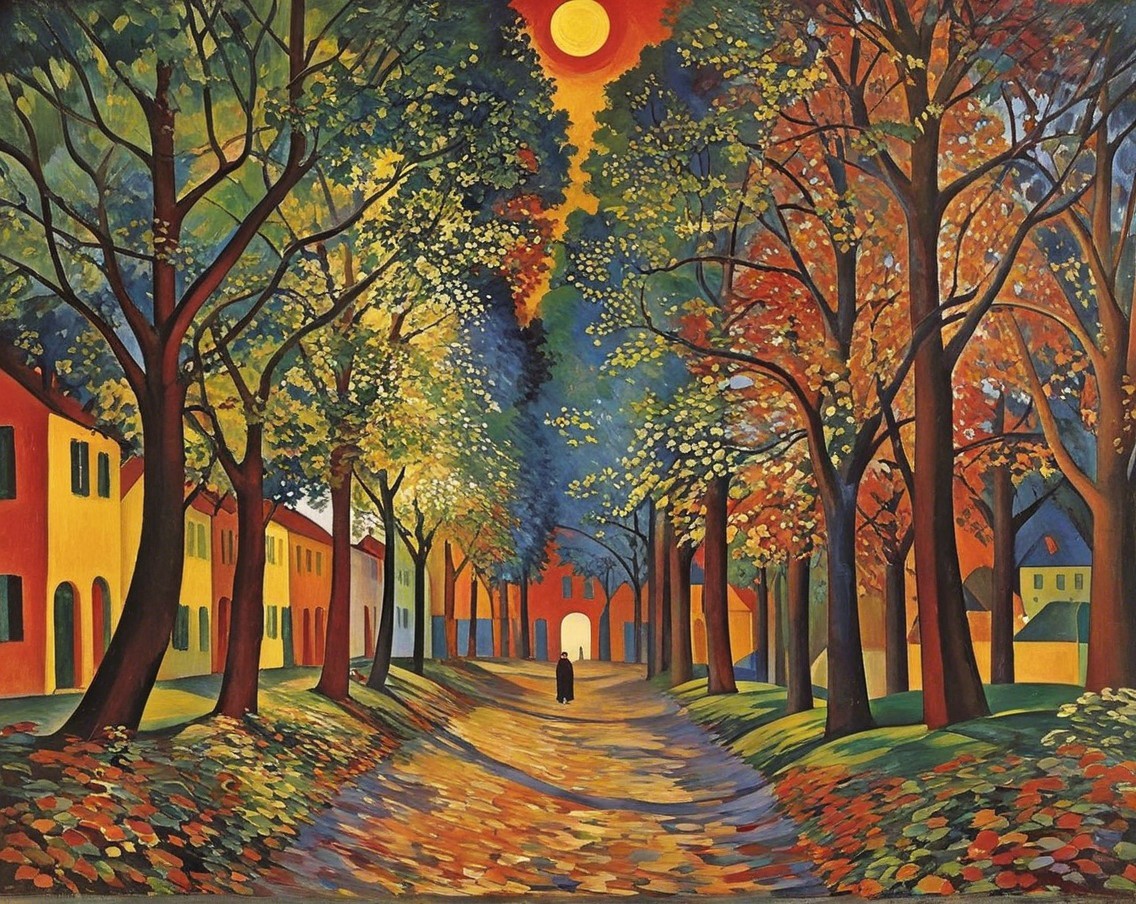 Vibrant Autumn Landscape with Winding Path and Houses