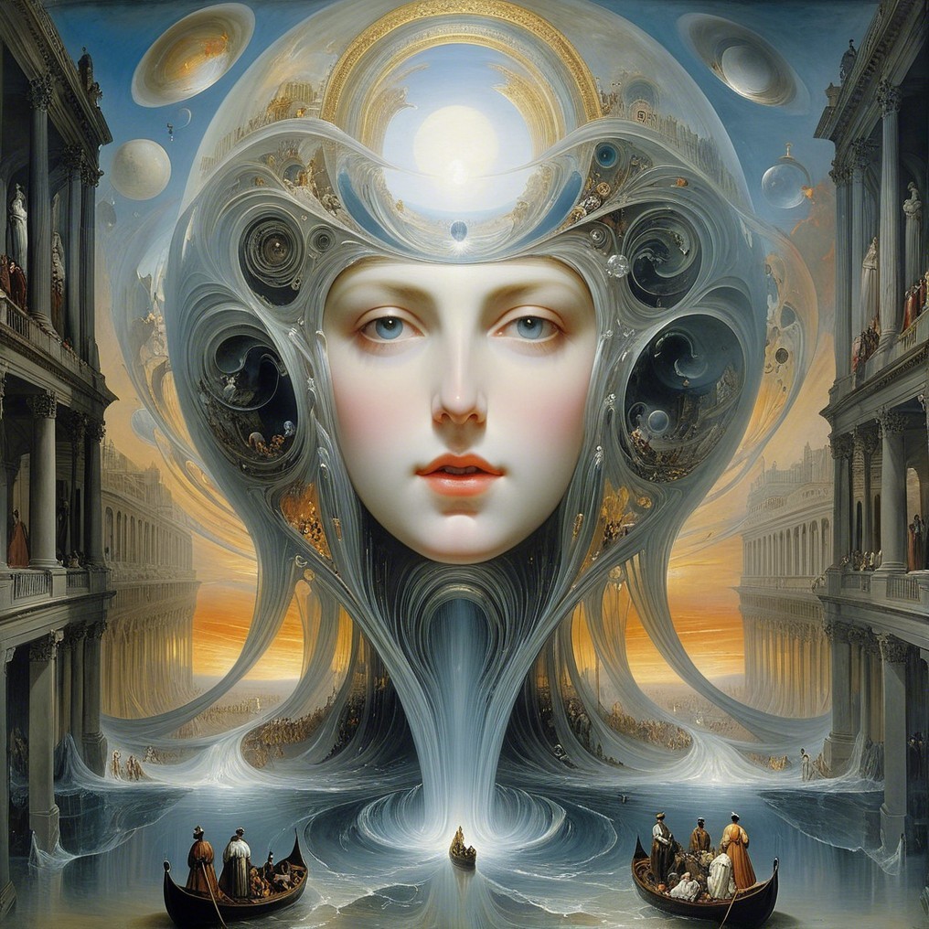 Surreal Female Face in Mystical Architectural Scene