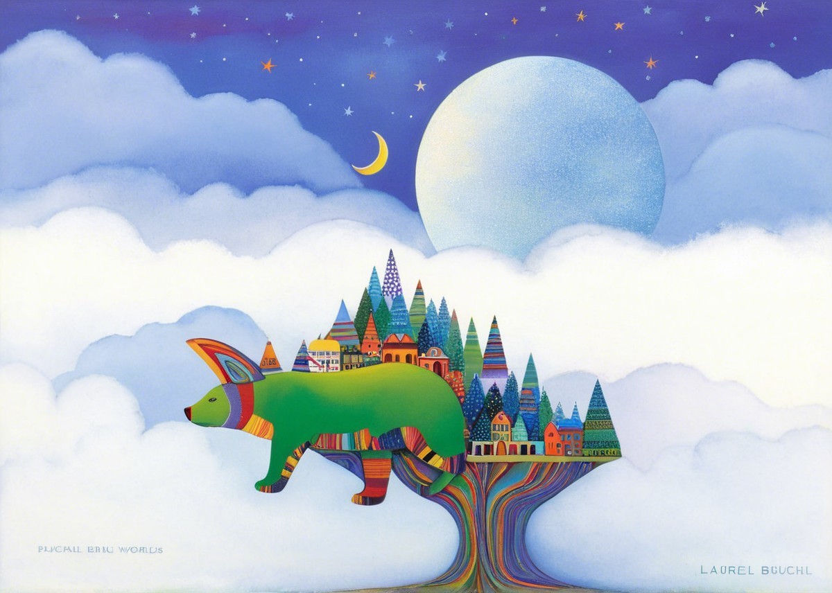 Whimsical Tree with Colorful Houses and Bear