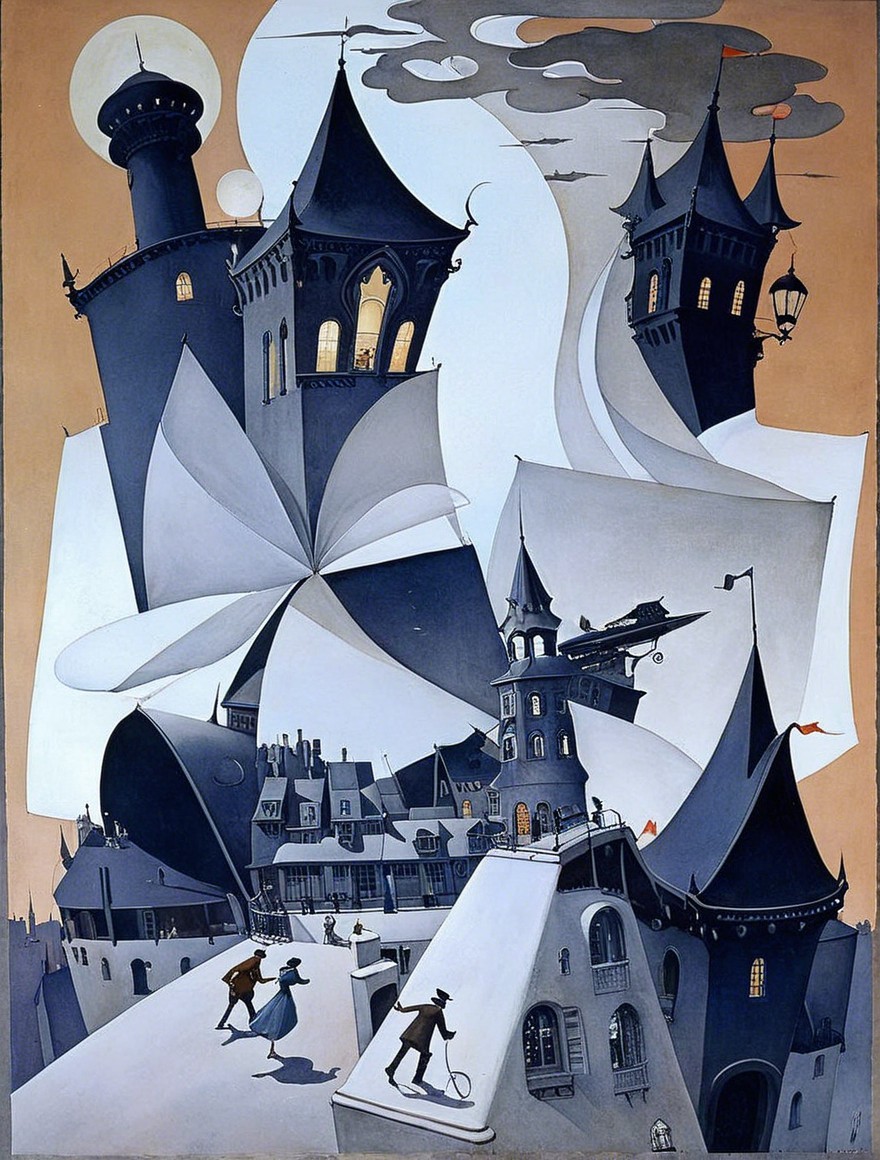 Whimsical Landscape with Towers and Vintage Figures