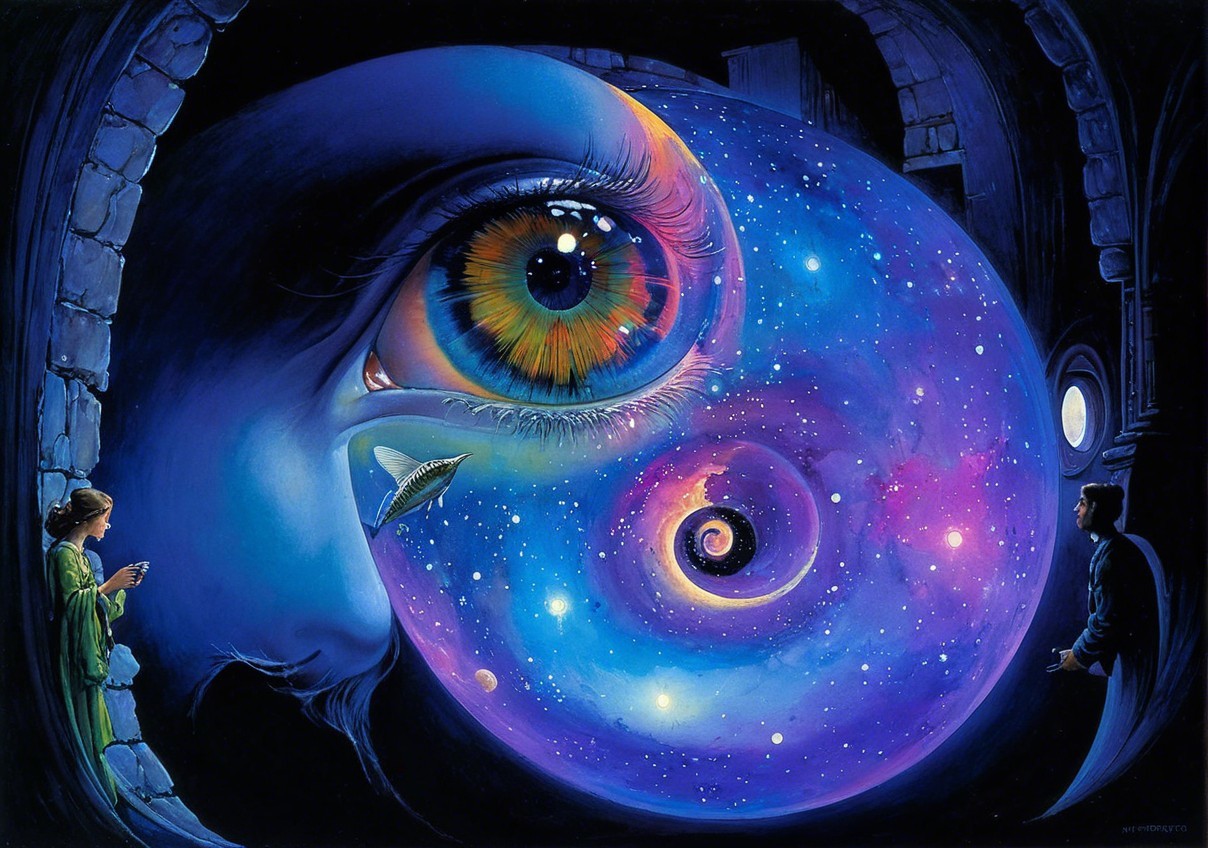 Surreal Scene with Giant Eye Reflecting Galaxy