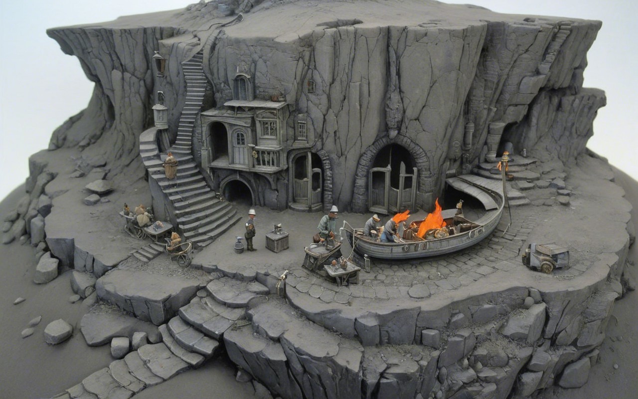 Miniature Landscape with Cliffside Village in Gray Tones