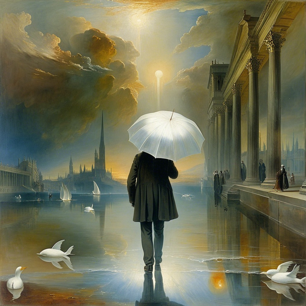 Serene Stroll by Reflective Waterway with Umbrella