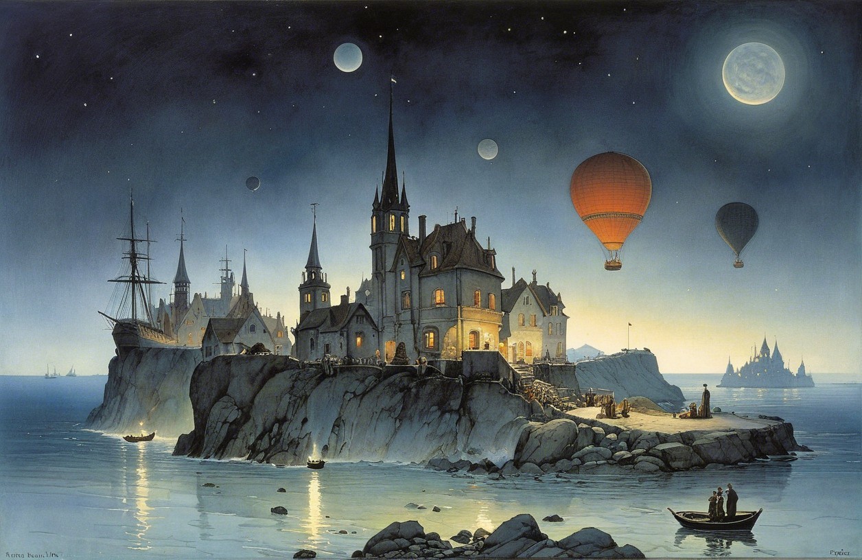 Twilight Coastal Village with Hot Air Balloons and Moon