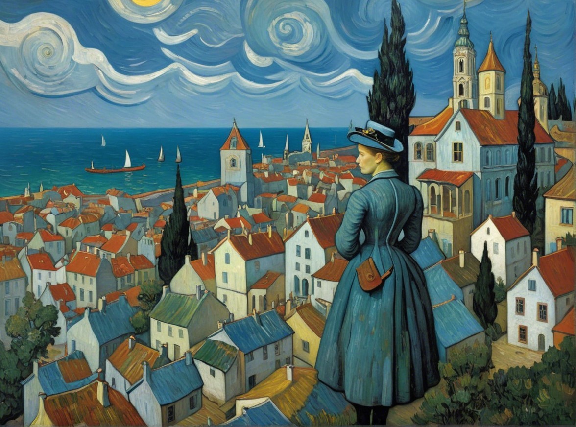 Woman in Blue Dress Overlooking Coastal Town Landscape