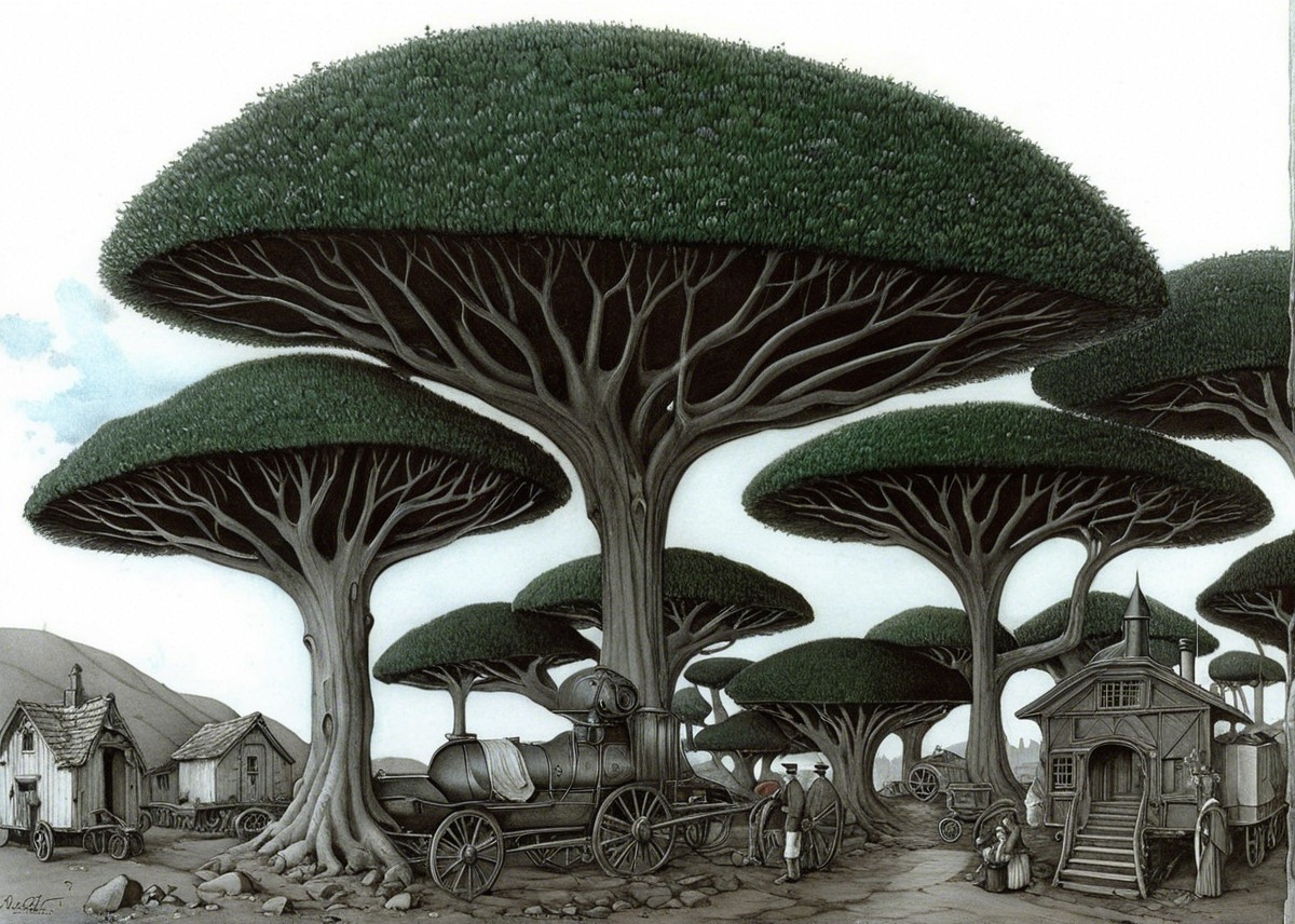 Whimsical Landscape with Oversized Umbrella Trees