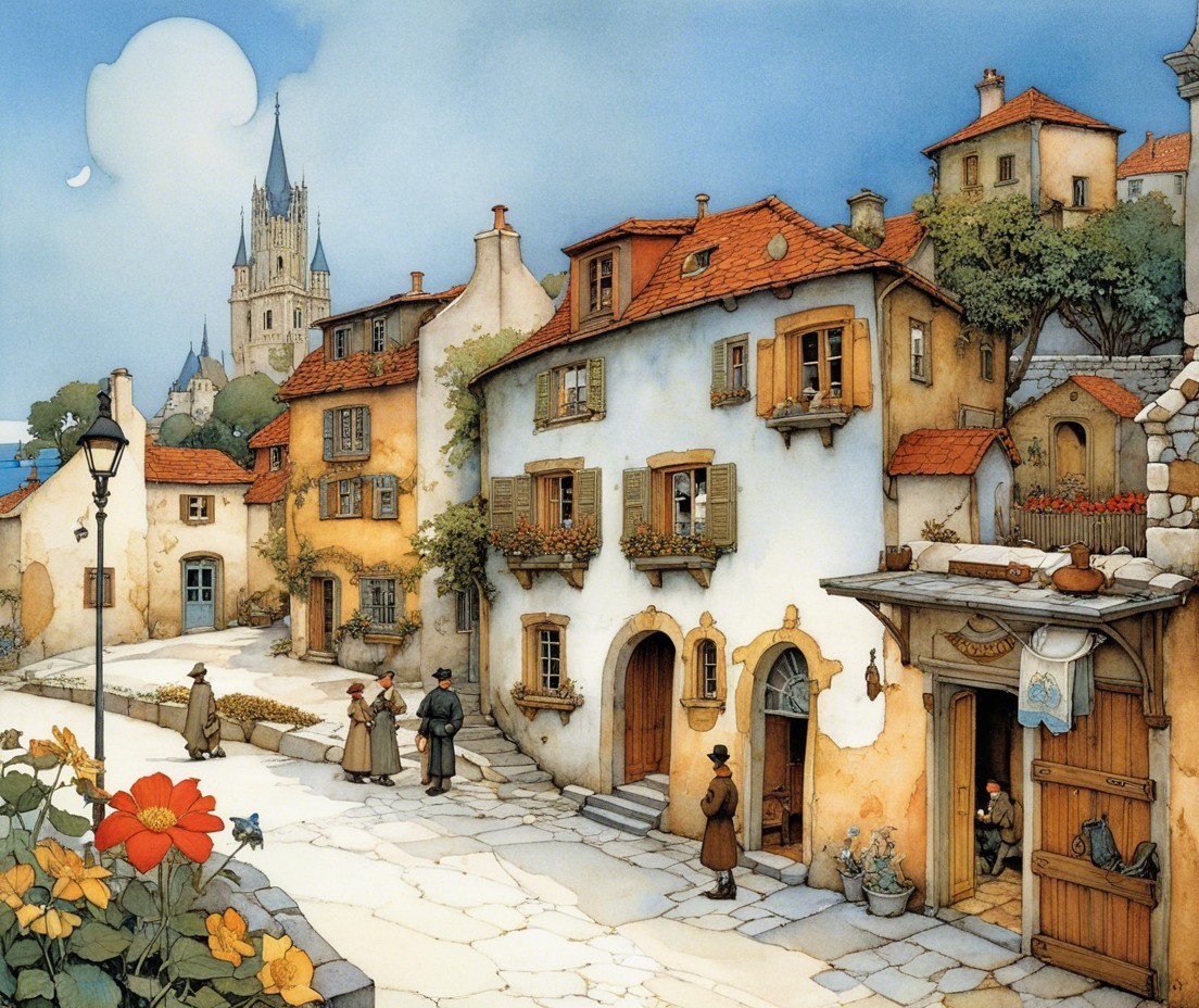 Charming Village with Colorful Houses and Castle Tower