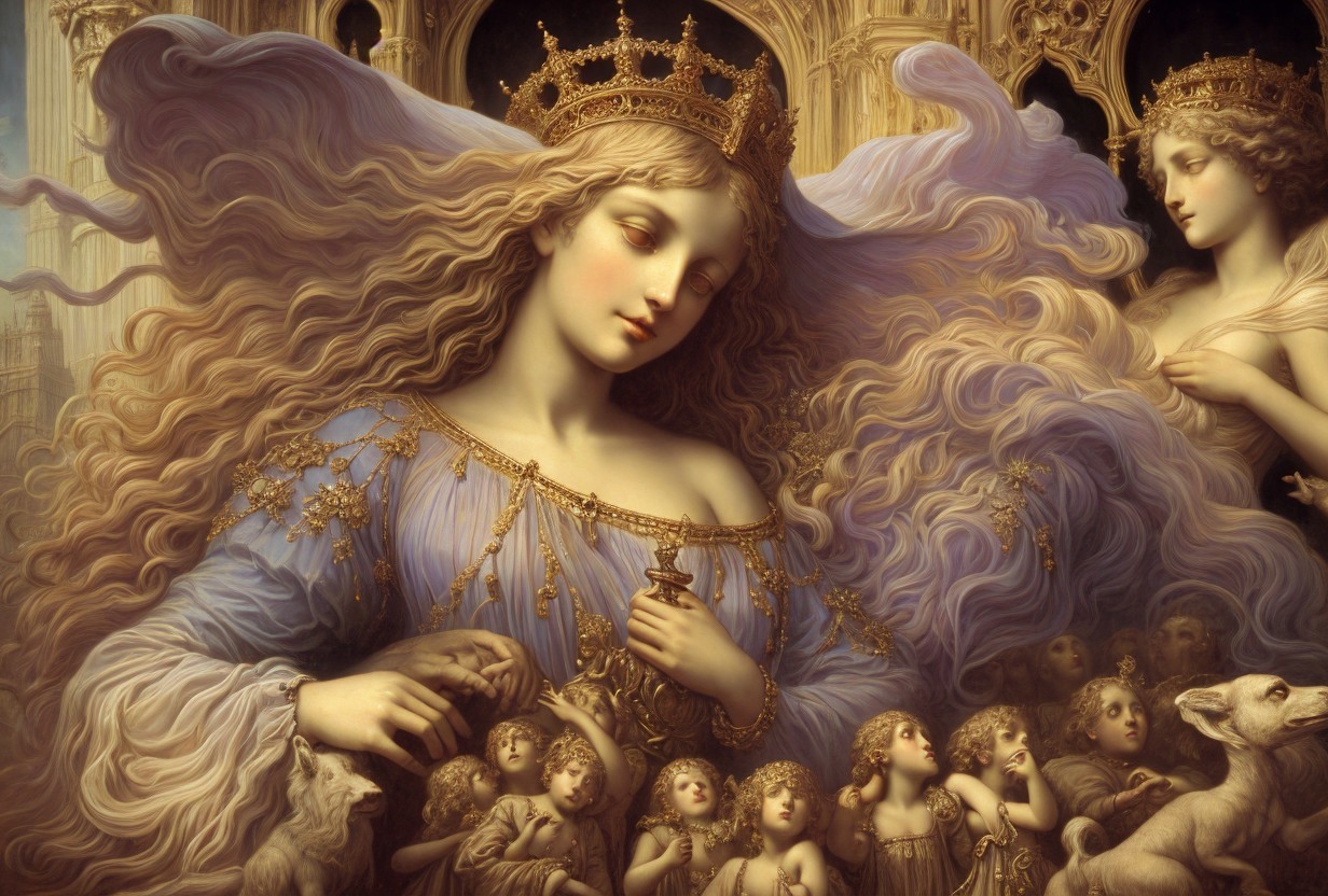 Crowned Female Figure Surrounded by Cherubic Children