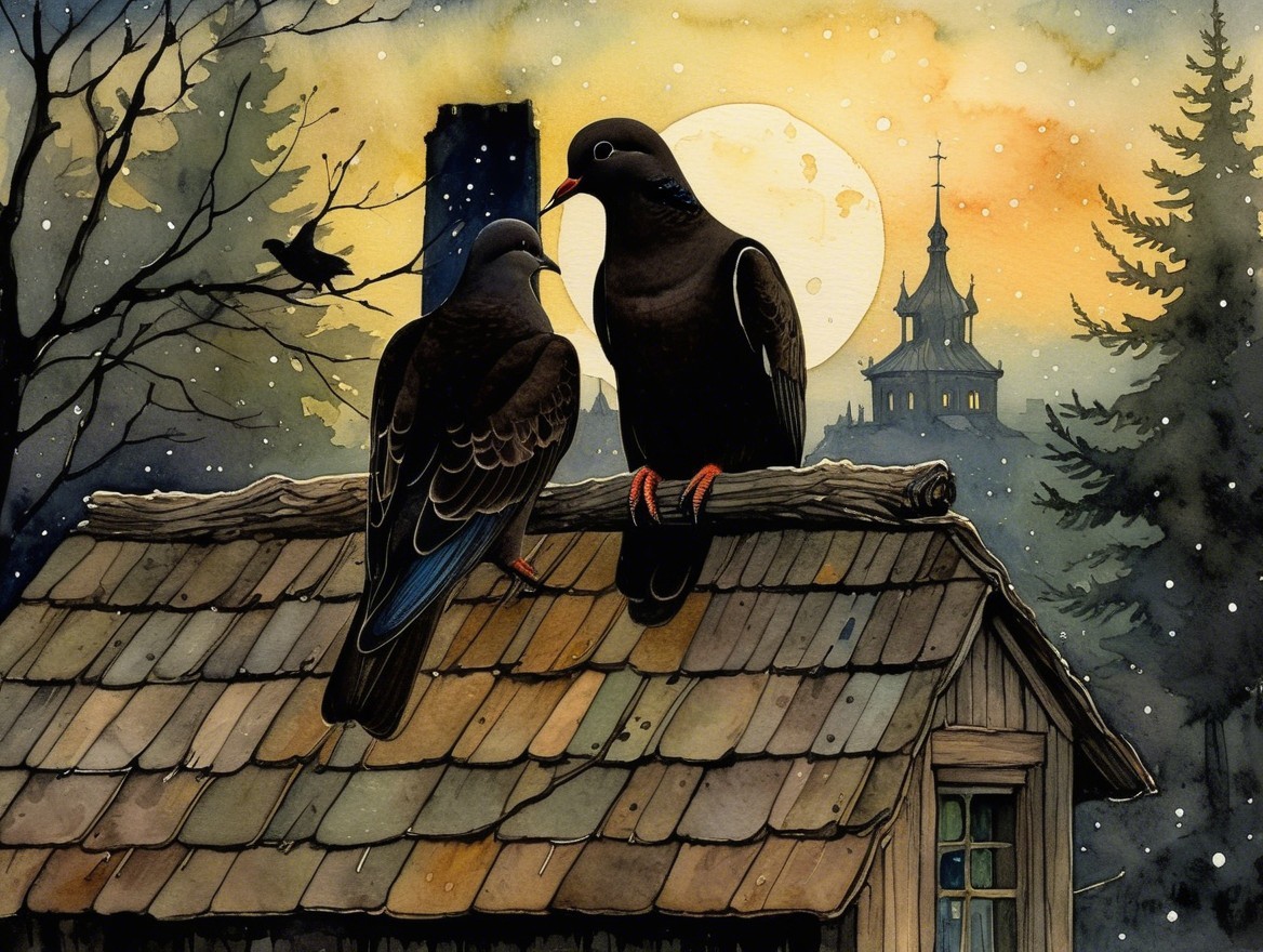 Dark Pigeons on Rustic Rooftop Under Full Moon