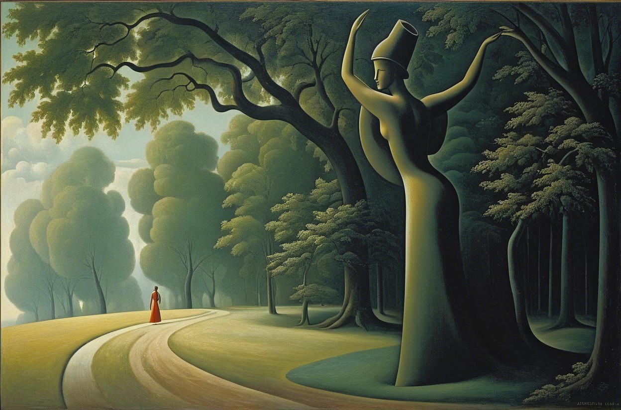 Serene Landscape with Winding Path and Statue