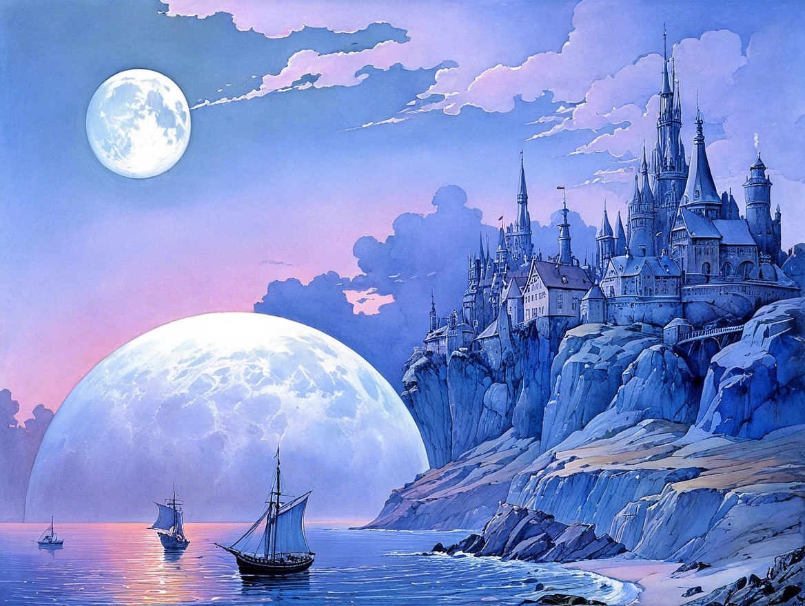 Mystical Seascape with Castle and Sailboat at Night