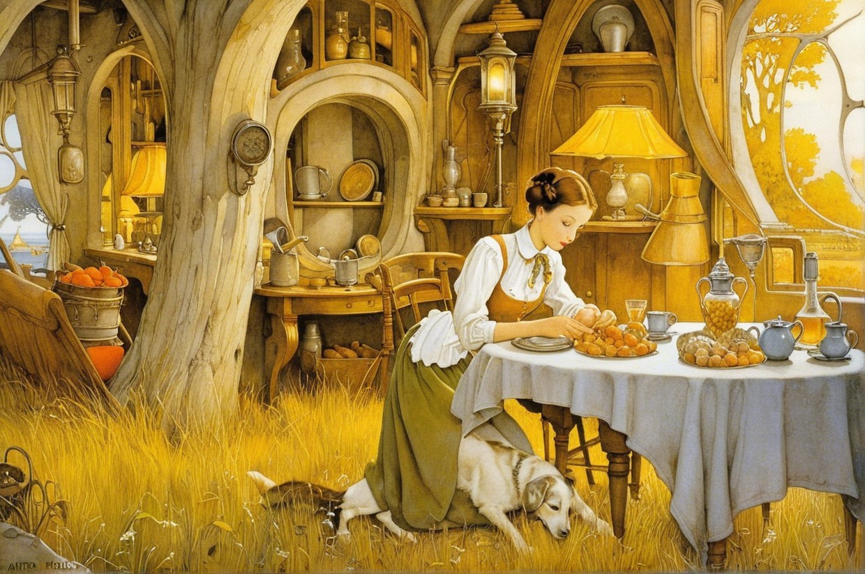 Cozy Cottage Scene with Woman and Dog in Sunlight