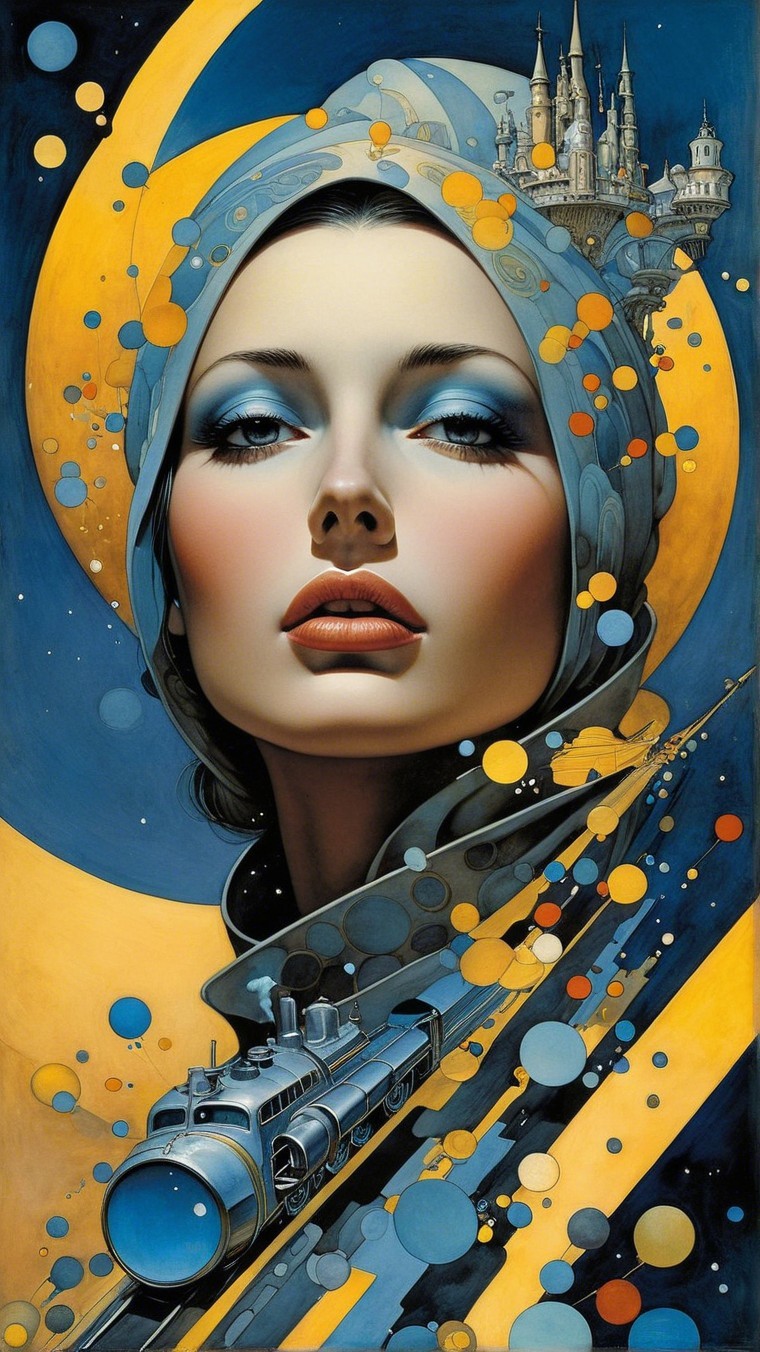 Boldly Made-Up Woman in Cosmic Fantasy Scene