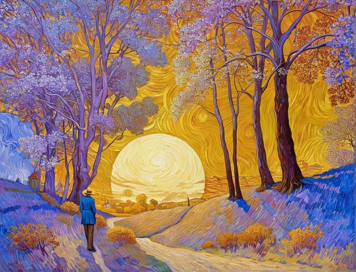 Serene landscape with sunset and lavender trees