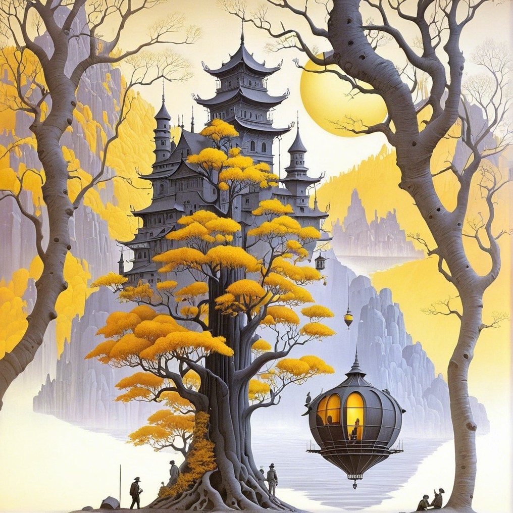 Serene Landscape with Pagoda and Airship in Misty Mountains
