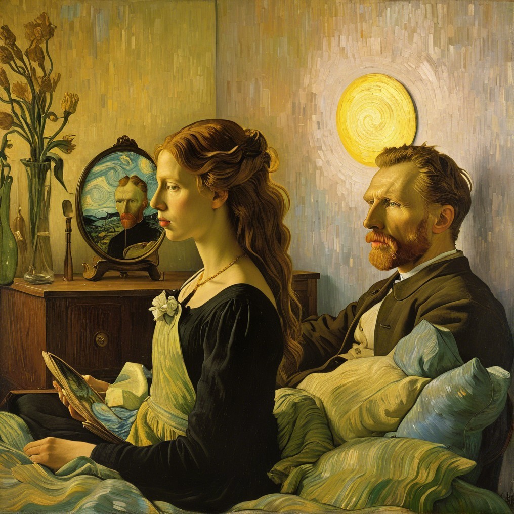 Woman in Bed with Mirror Reflecting a Man