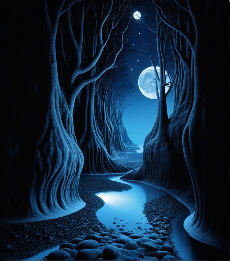 Moonlit Forest with River and Starry Sky