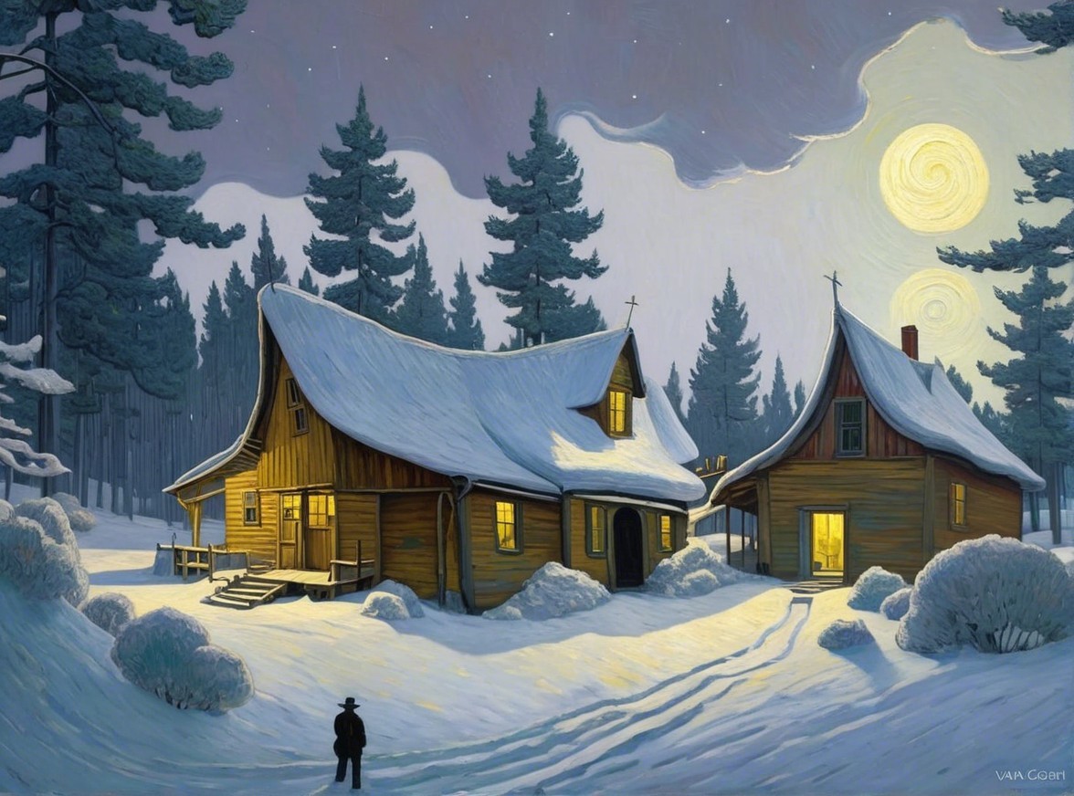 Winter Landscape with Cabins and Starry Sky