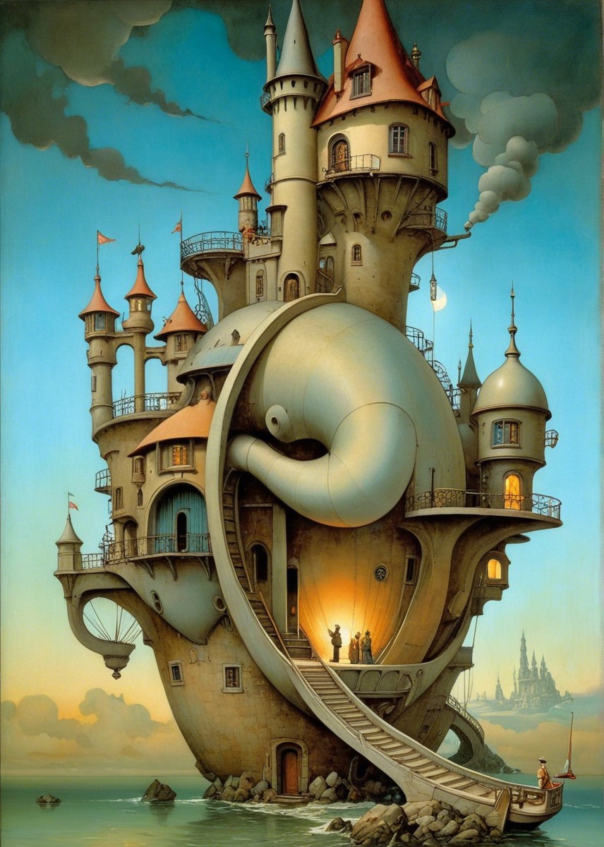 Whimsical Castle on Rocky Shore with Towering Turrets