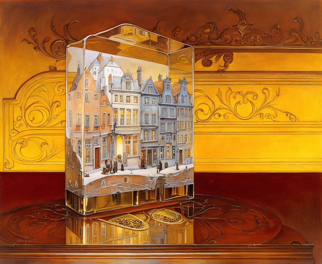 Translucent Block Depicting Winter Scene with Houses