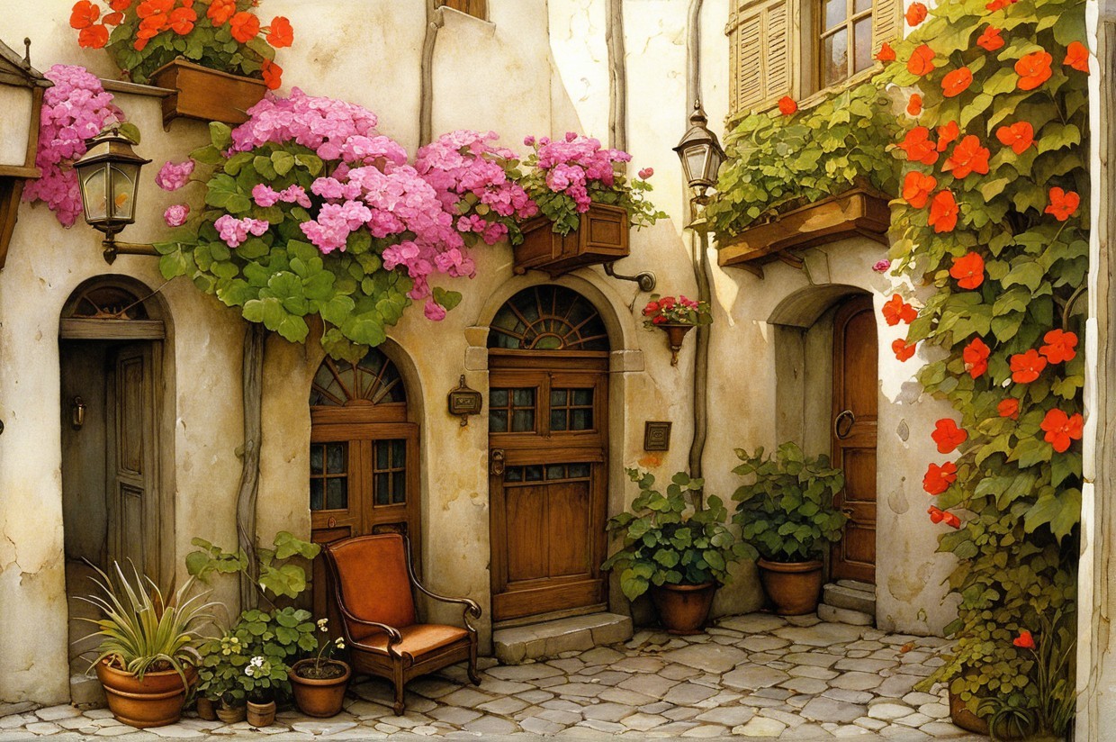 Charming courtyard with stone walls and vibrant flowers