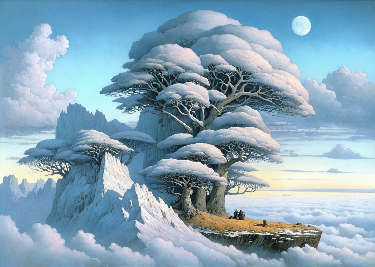 Serene landscape with snow-covered trees and clouds