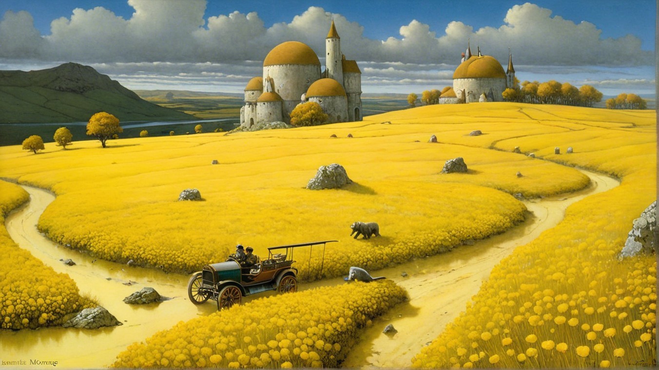 Vibrant Landscape with Yellow Fields and Dome Buildings