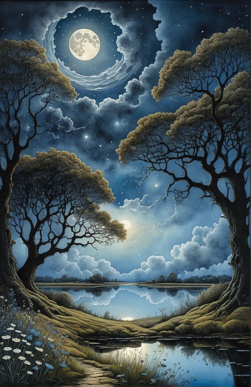 Serene Night Landscape with Trees and Tranquil Lake