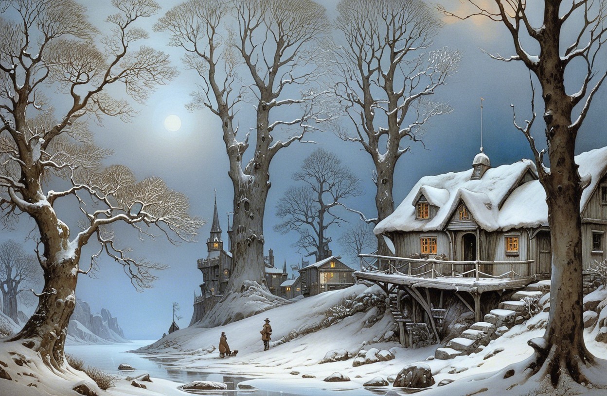 Winter Village by Snow-Covered River at Night