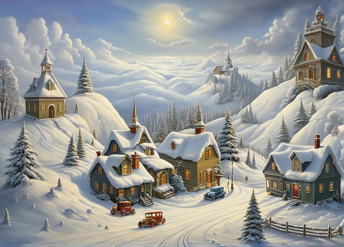 Serene Winter Village Scene with Snow-Covered Hills