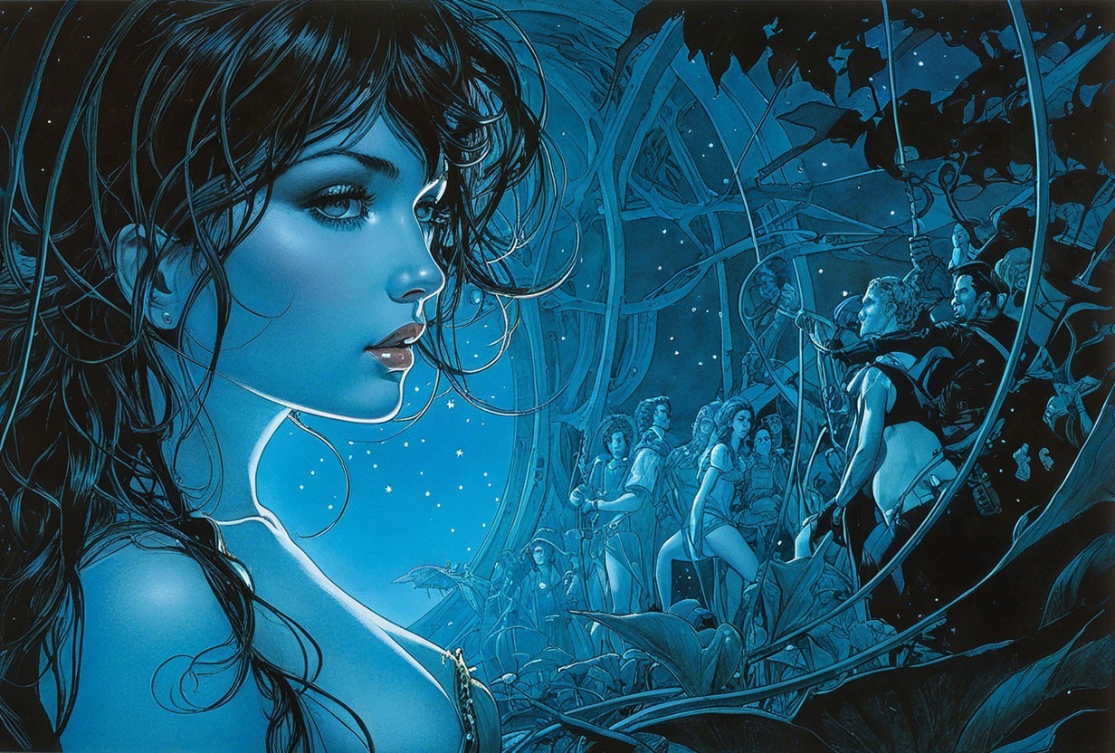 Woman with Long Hair in Mystical Blue Setting