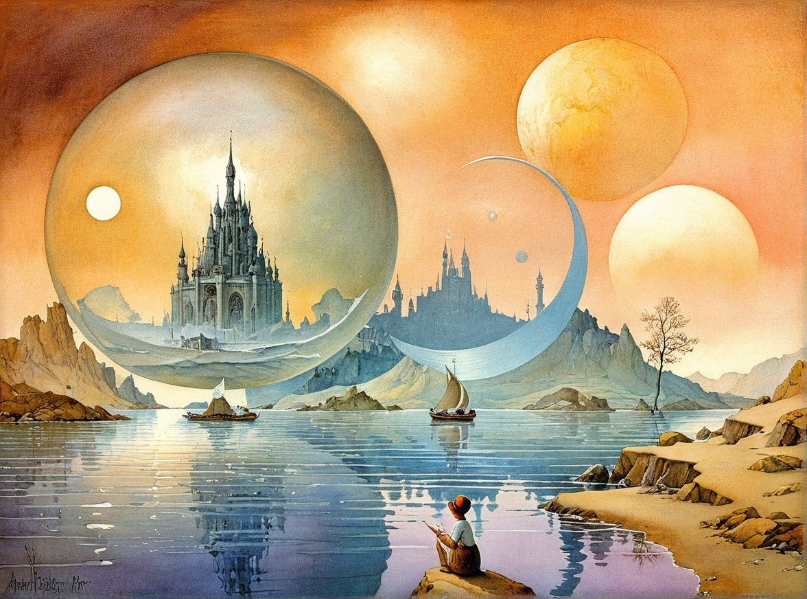 Serene Landscape with Castle Reflection and Planets