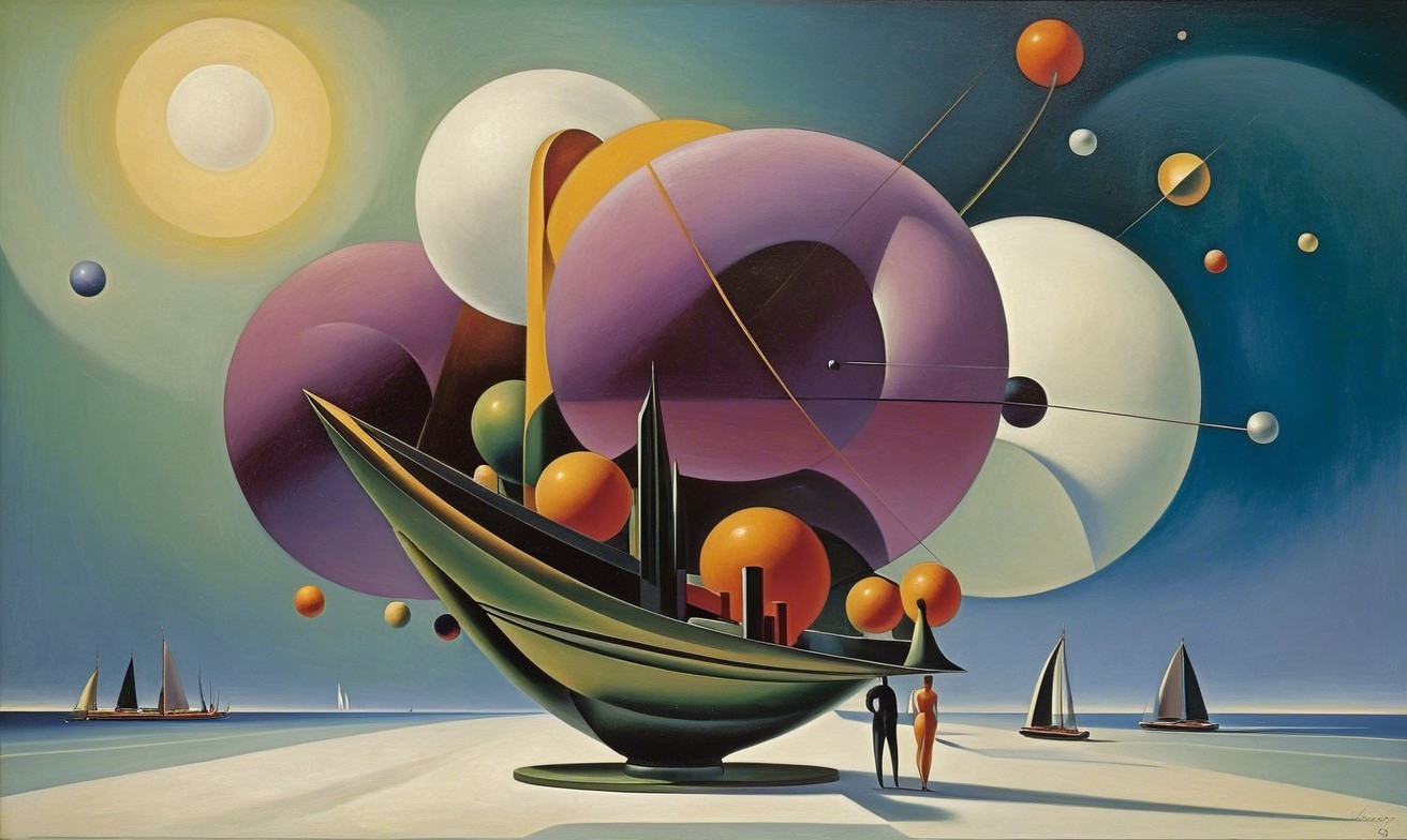 Surreal Landscape with Boat and Vibrant Geometric Shapes