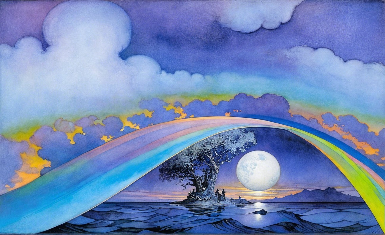 Surreal Landscape with Rainbow and Tranquil Water