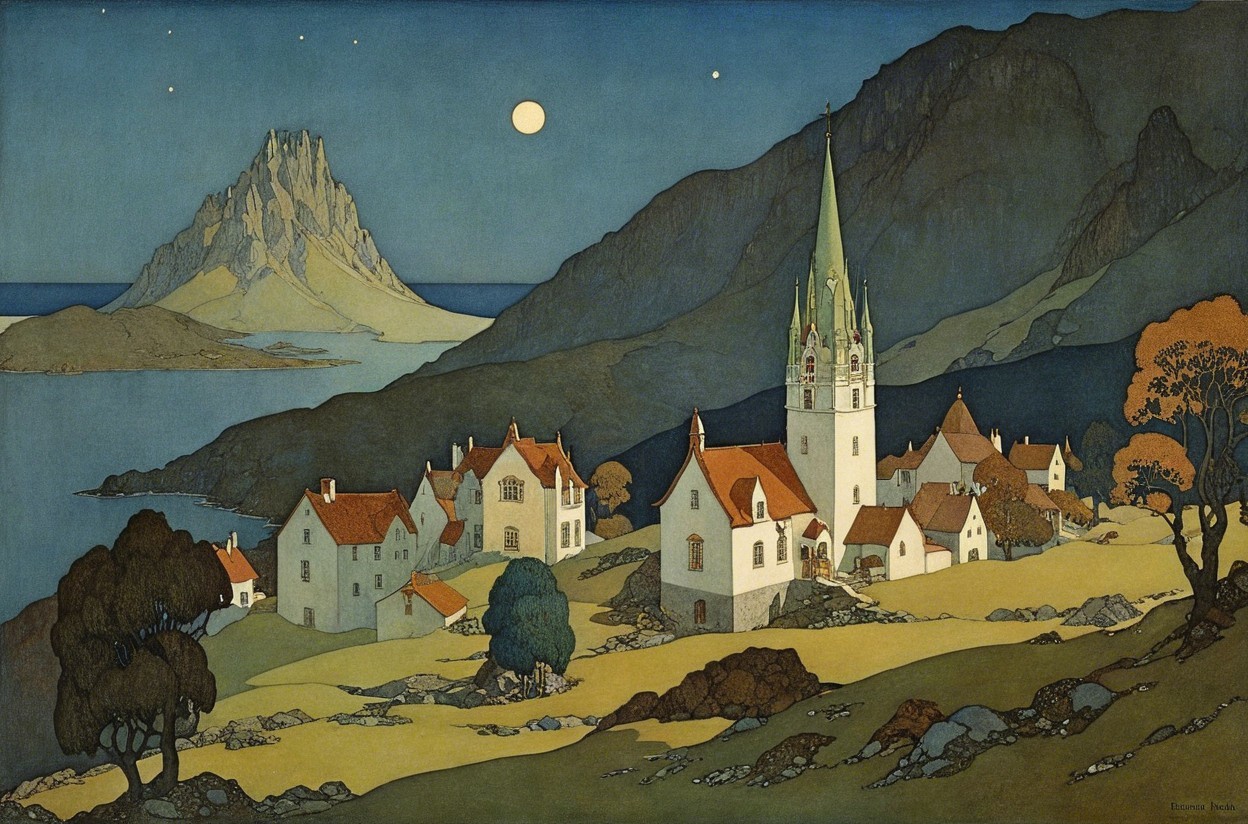 Quaint Village Landscape with White Houses and Lake