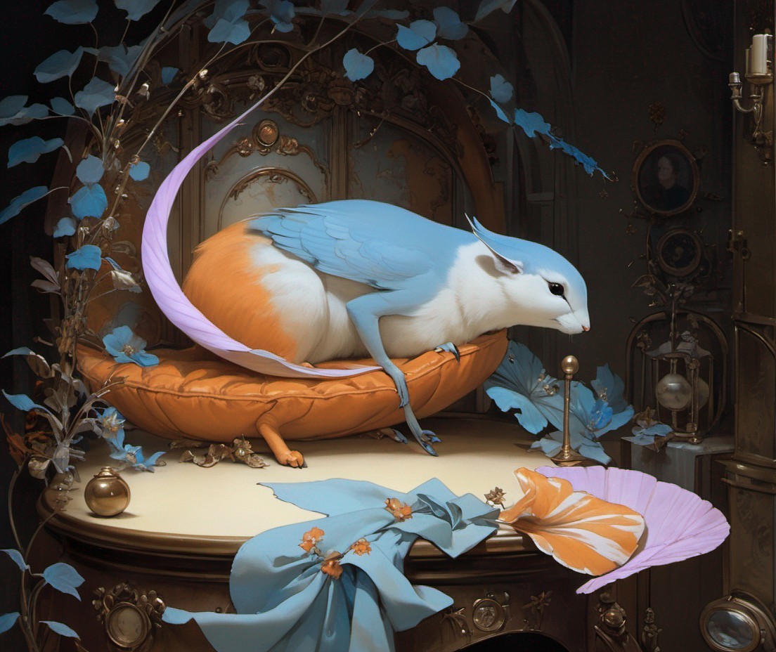 Fantastical Cat-Bird Creature on Ornate Cushion