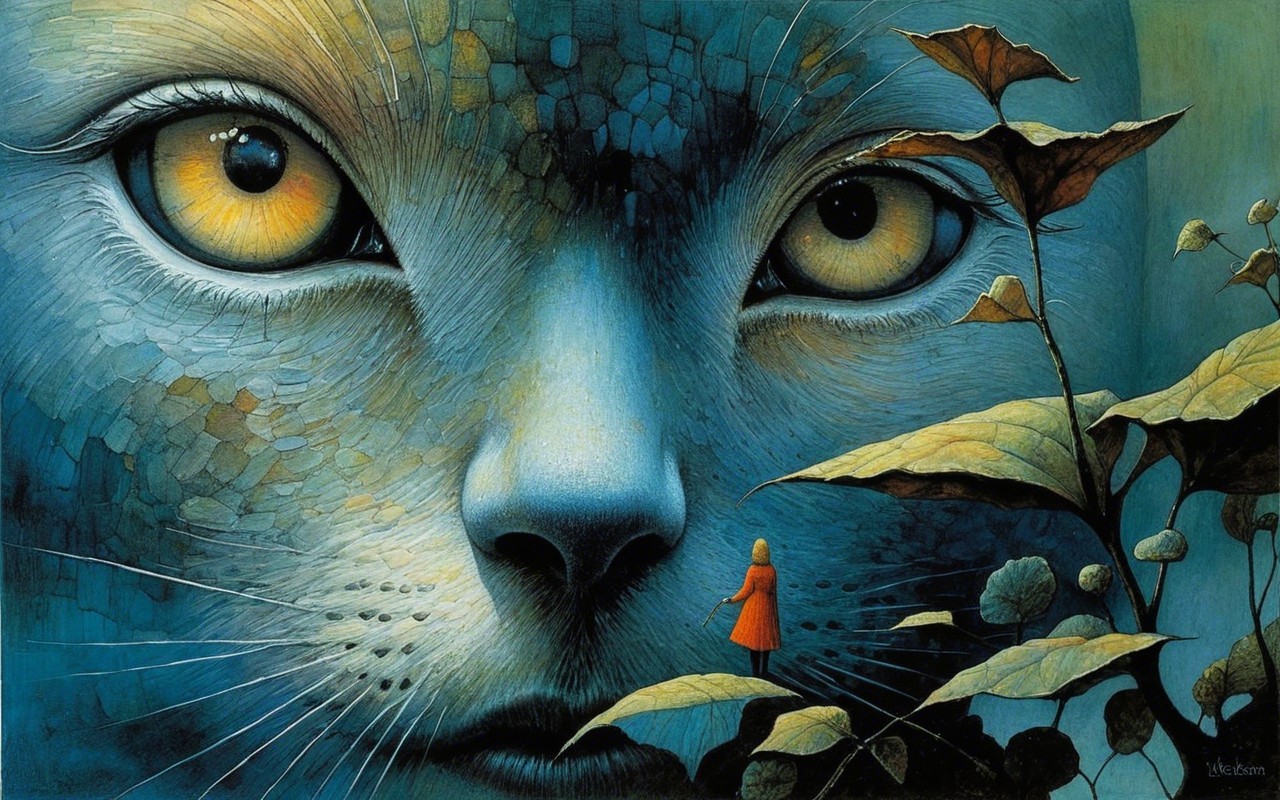 Large Blue Feline Face with Yellow Eyes in Art