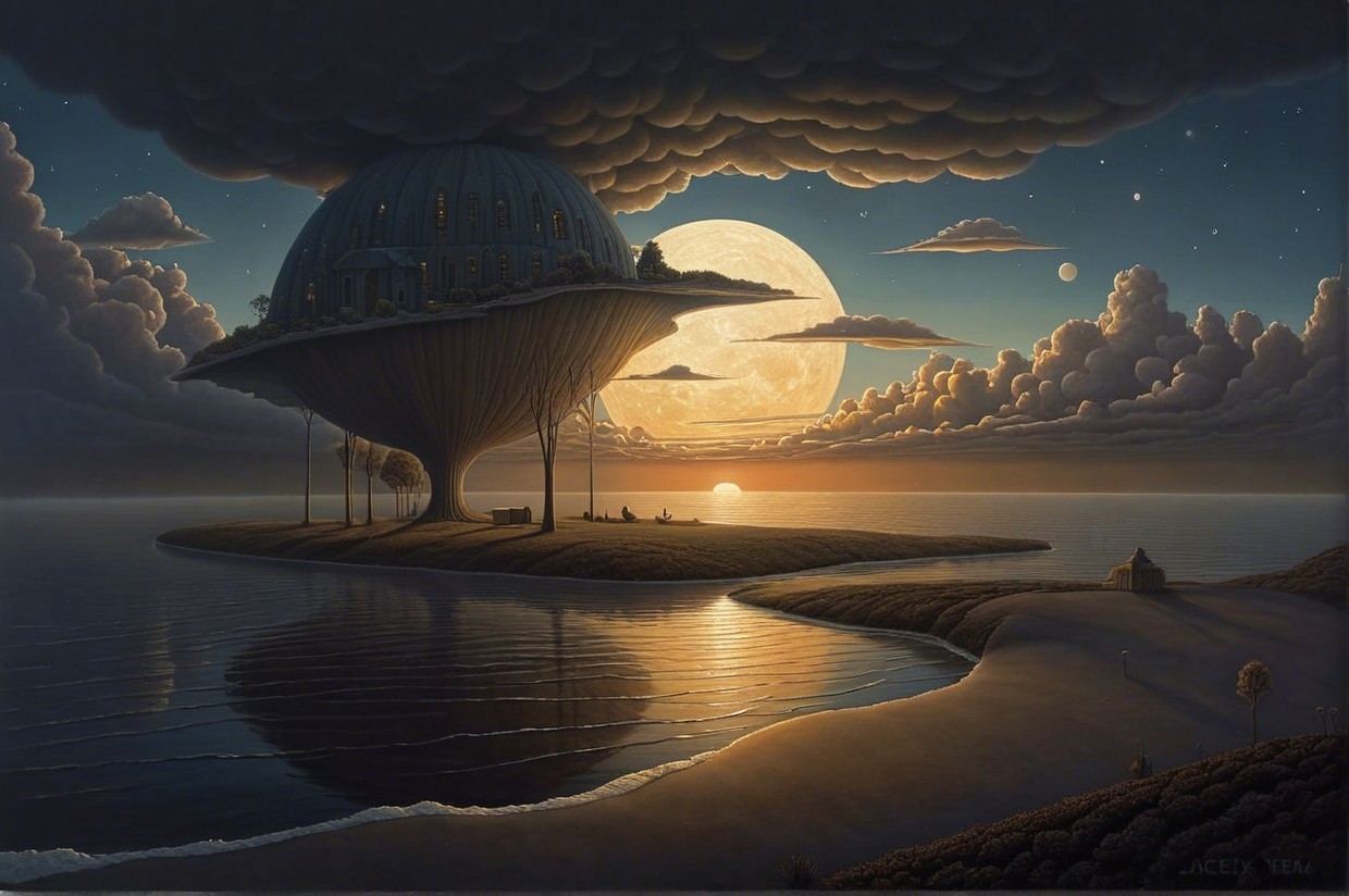 Surreal Landscape with Floating Dome and Tranquil Water