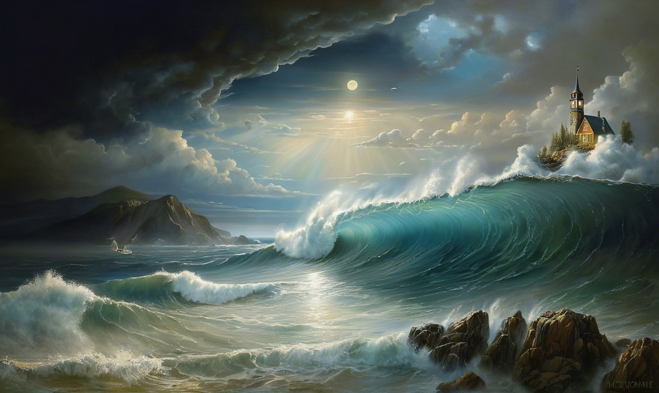 Dramatic Seascape with Waves and Seaside House