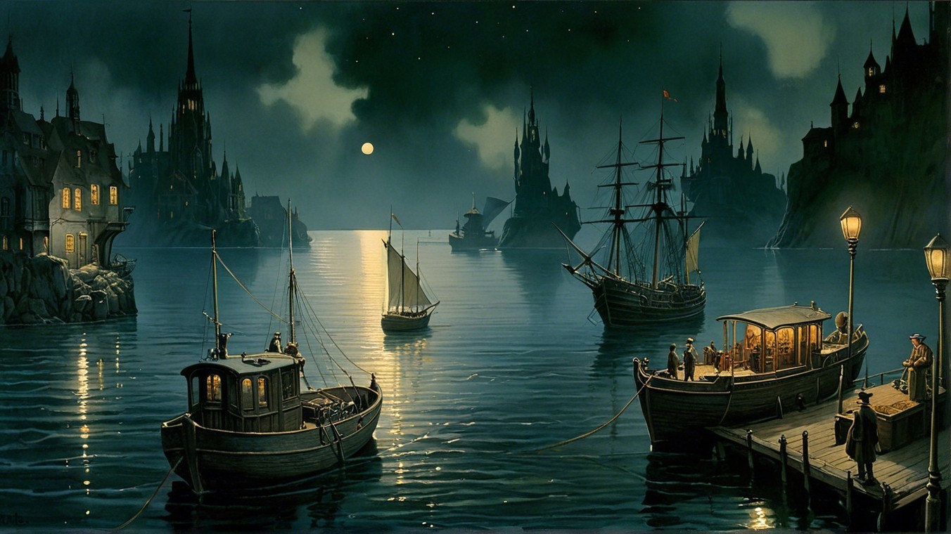 Tranquil Harbor Scene Under a Full Moon
