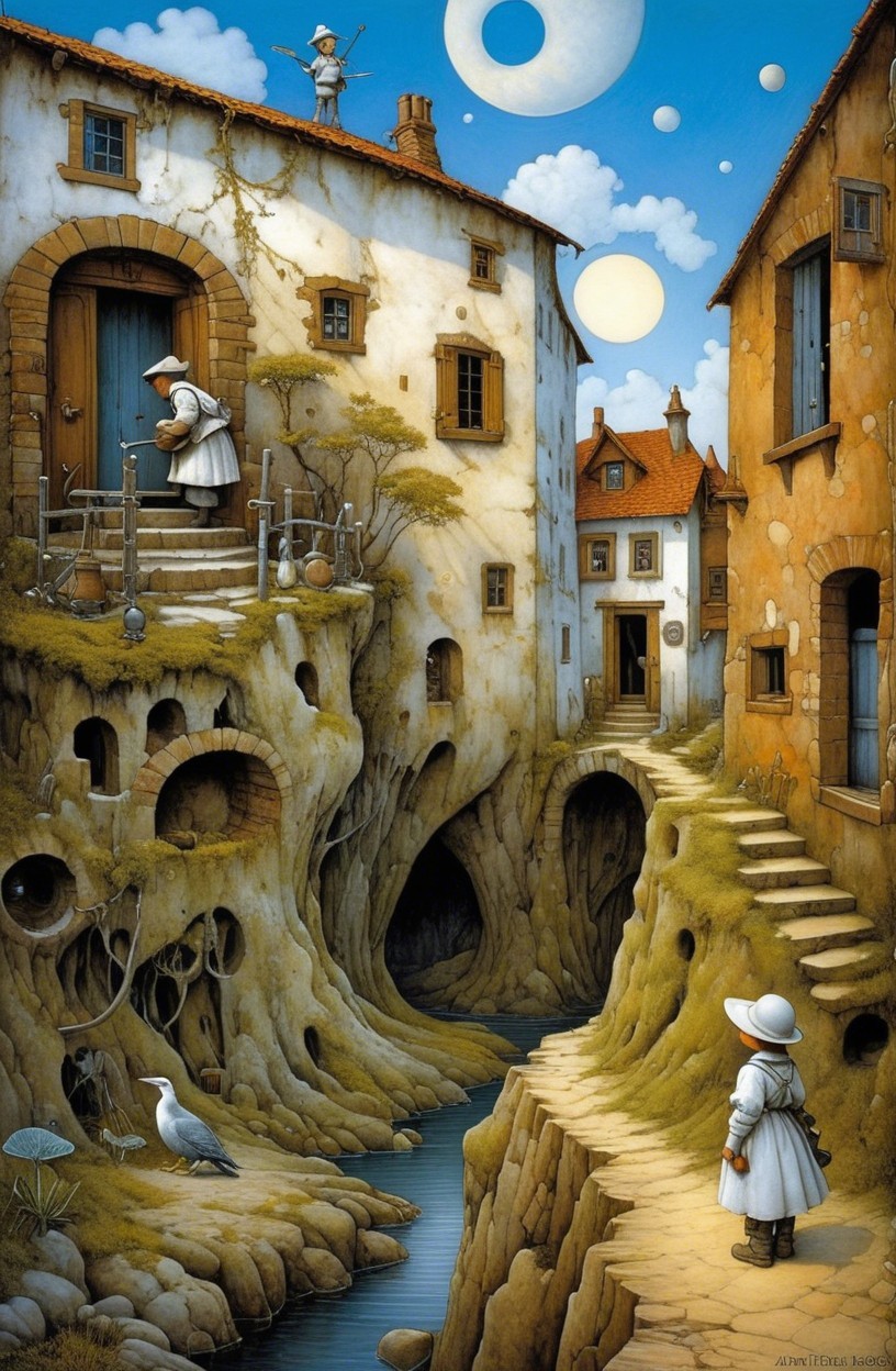 Whimsical Landscape with Unique Buildings and Moons
