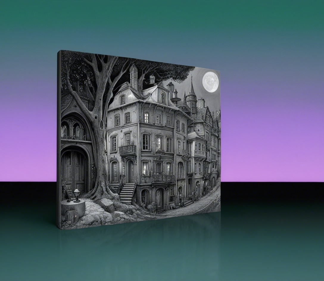 Whimsical Black-and-White Illustration of Enchanting Town